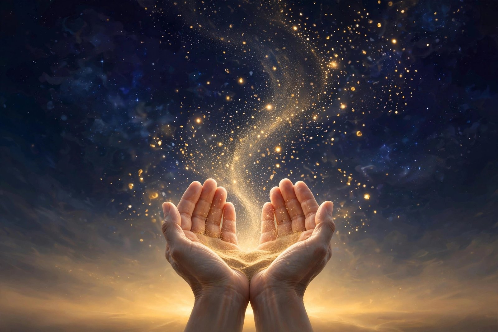 Cupped hands releasing golden sand turning to light at dawn