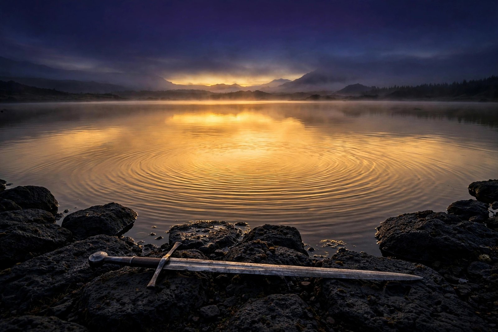 Sword laid down on stones beside a still lake at dawn, gold reflections
