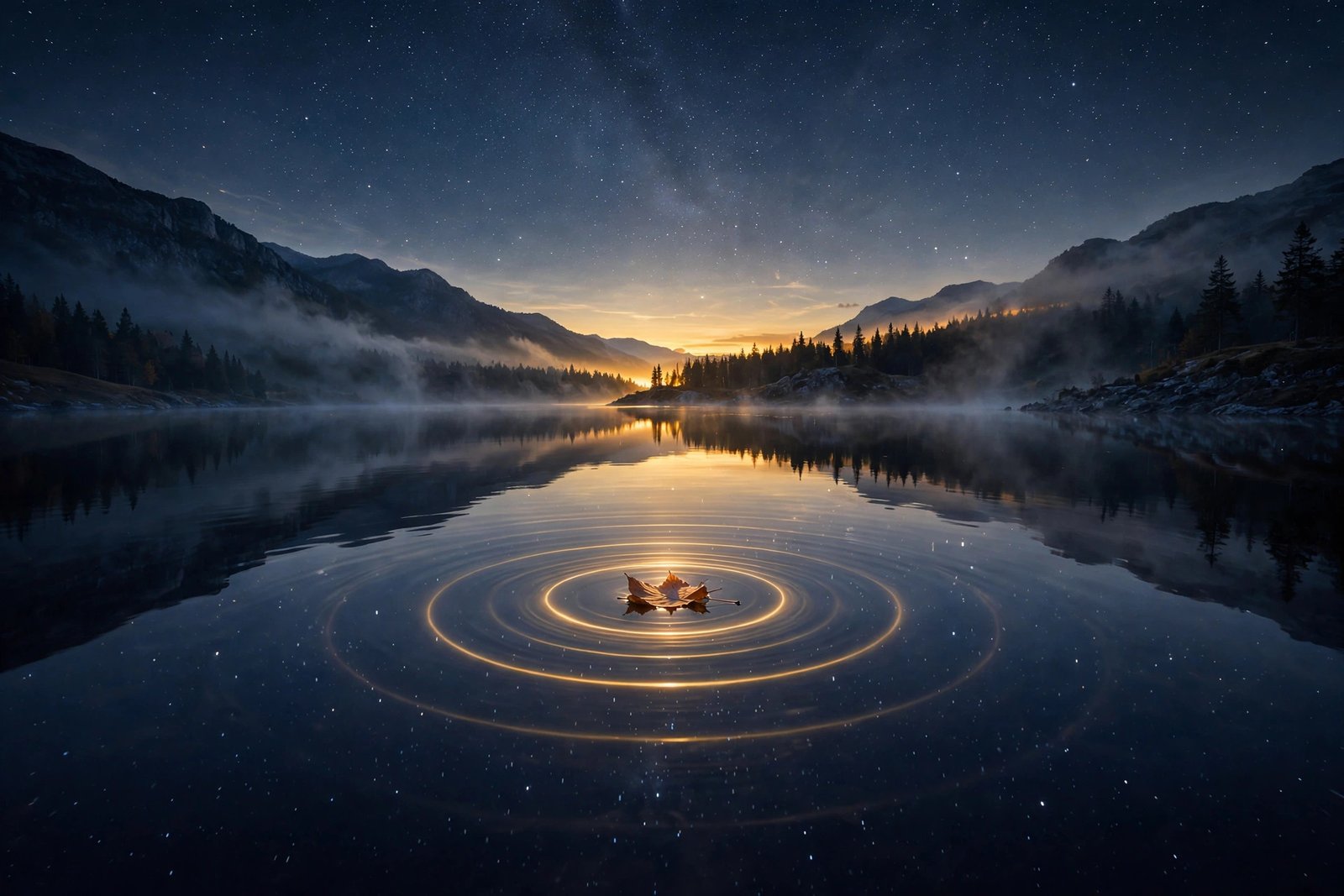 Pre-dawn mirror lake with a single leaf and faint gold ripple rings