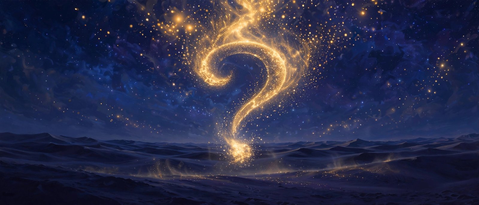 Golden question mark dissolving into radiant light
