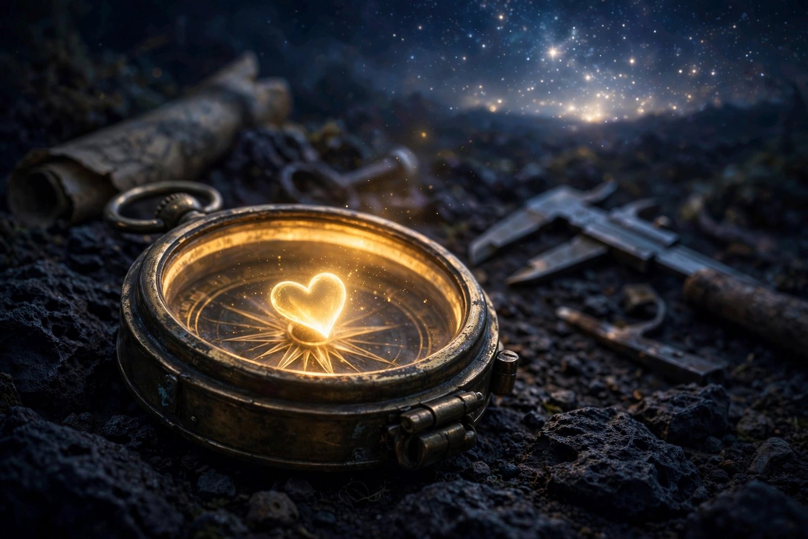 Compass with a glowing heart under glass