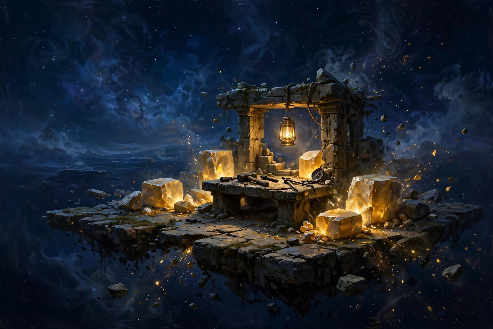 Ancient stone workshop floating in cosmic void, glowing gold stone blocks