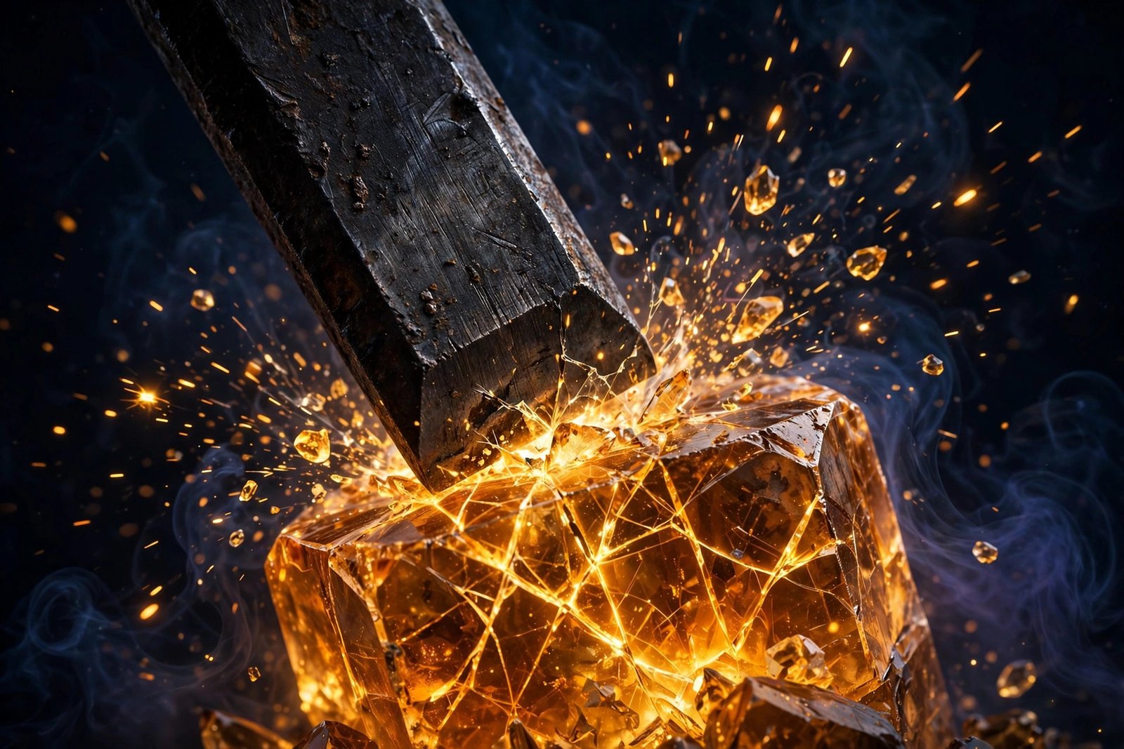 Dark iron chisel striking glowing amber-gold crystal, sparks against navy dark