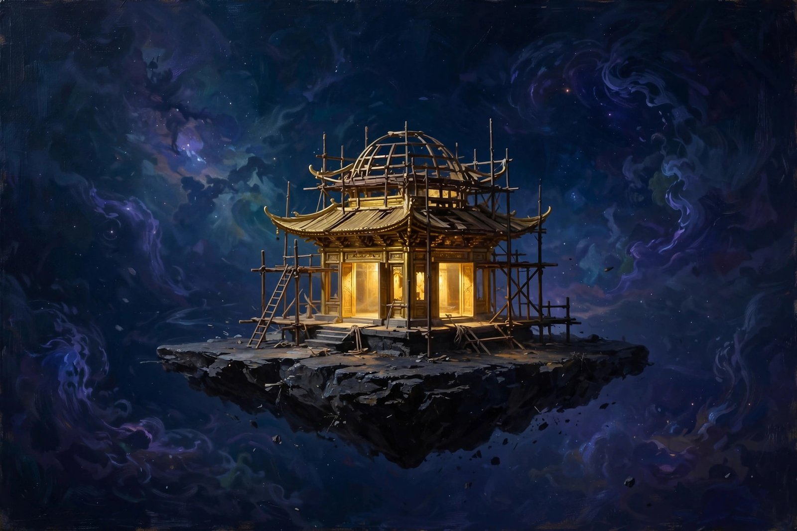 Miniature golden temple pavilion under construction on dark scaffolding