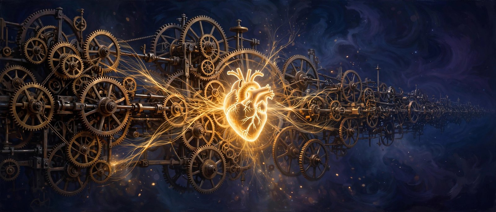 Clockwork machine with a glowing heart at its center