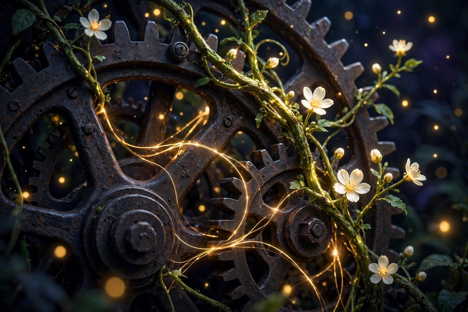 Gears overgrown with luminous vines