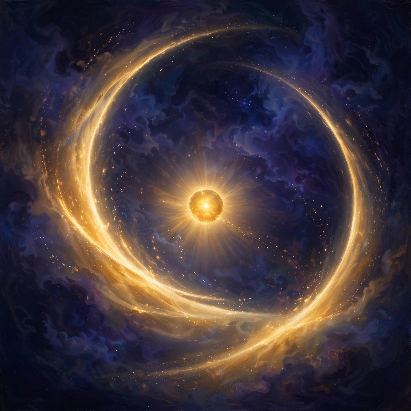 Abstract arcs of golden light embracing a radiant orb