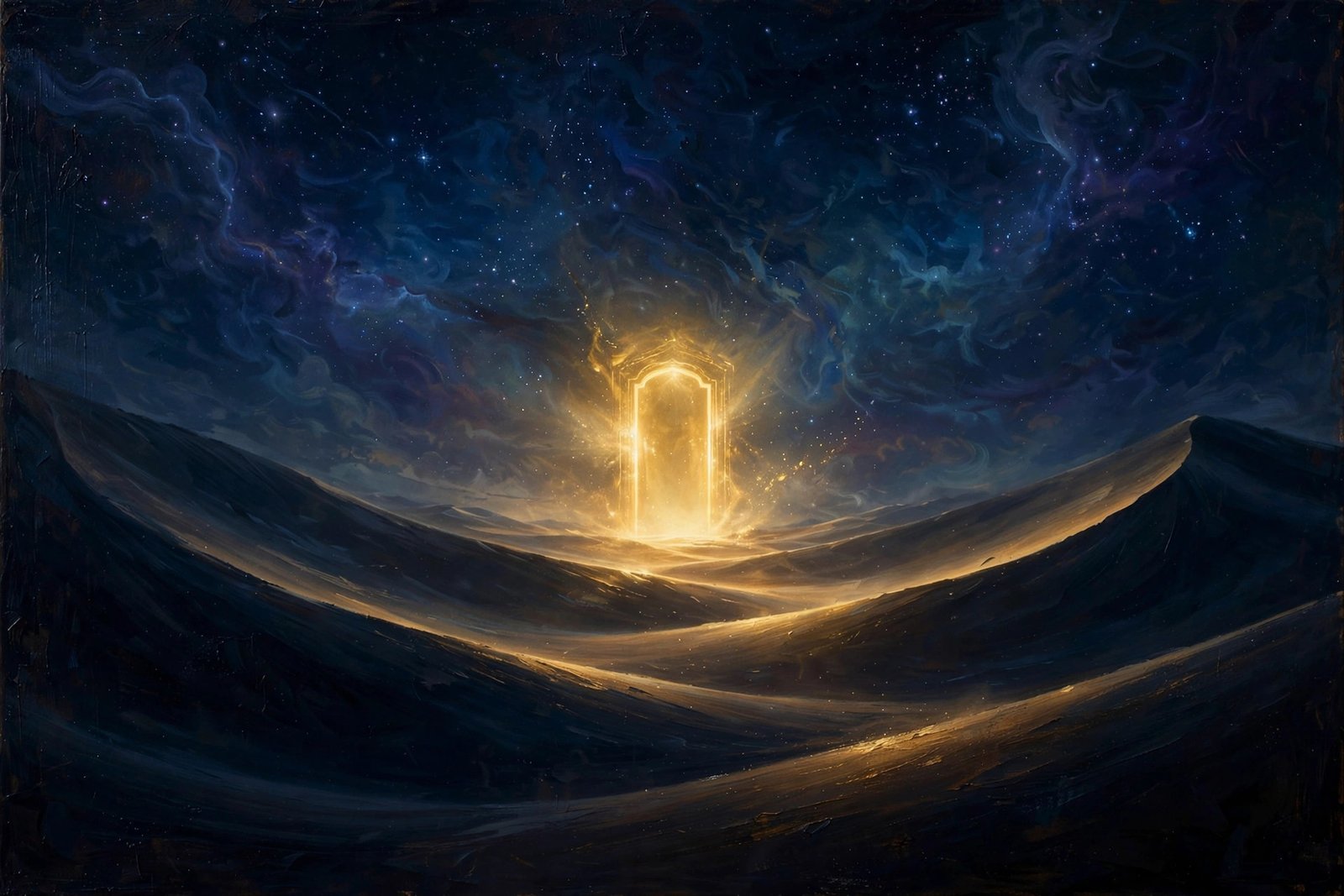 Golden doorway of light floating over dark desert dunes under a starry indigo sky