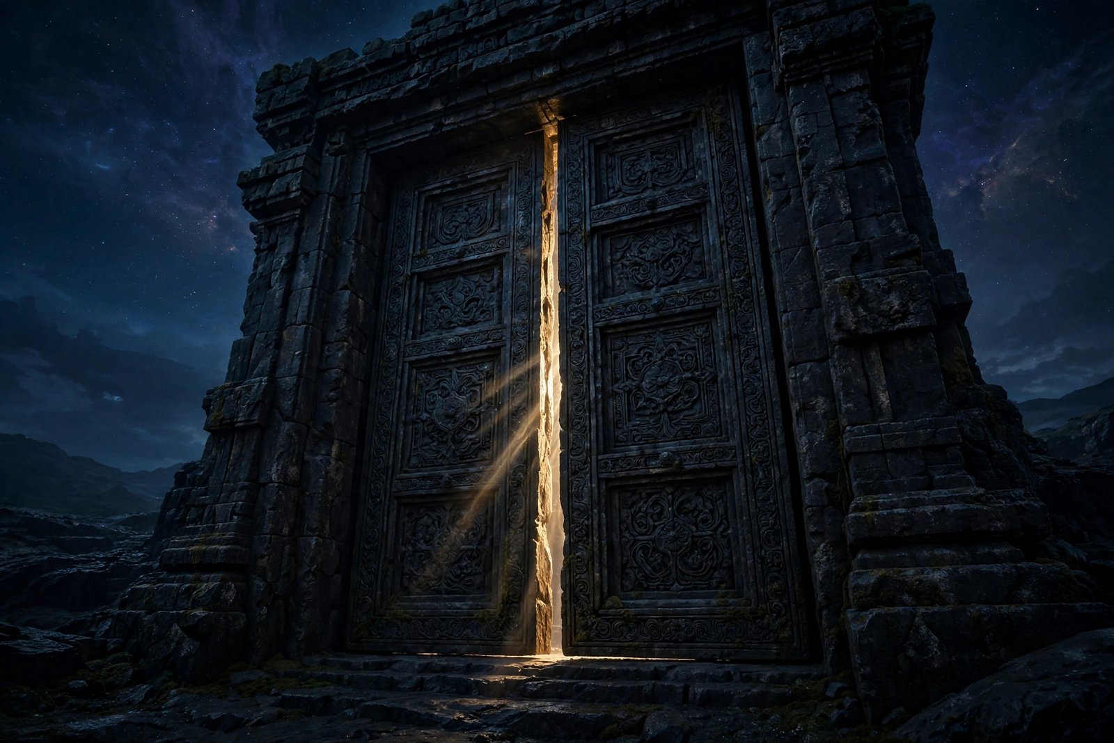 Massive stone temple door swinging shut with golden light escaping through the gap