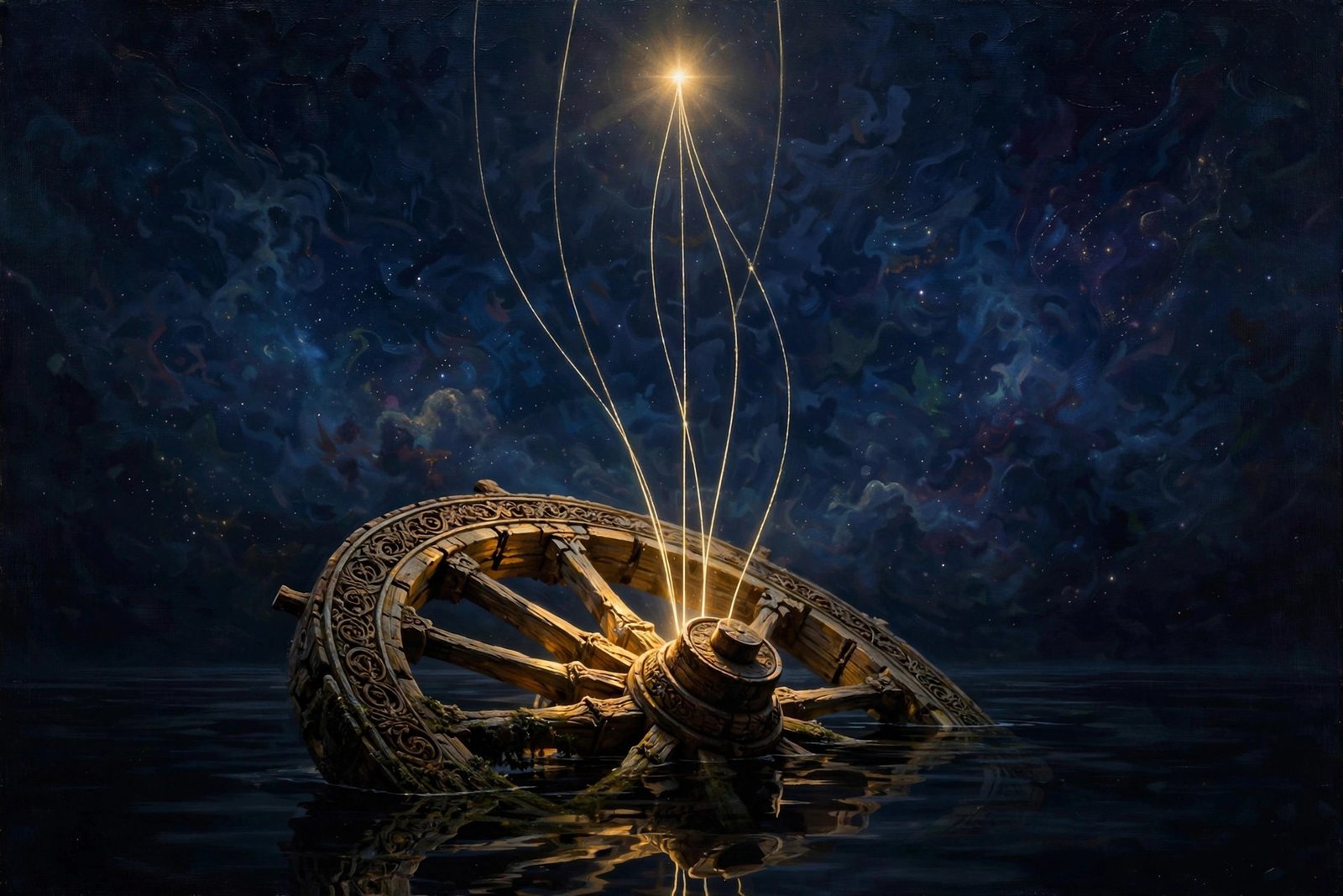 Ancient chariot wheel in still black water, golden reins converging to a point of light