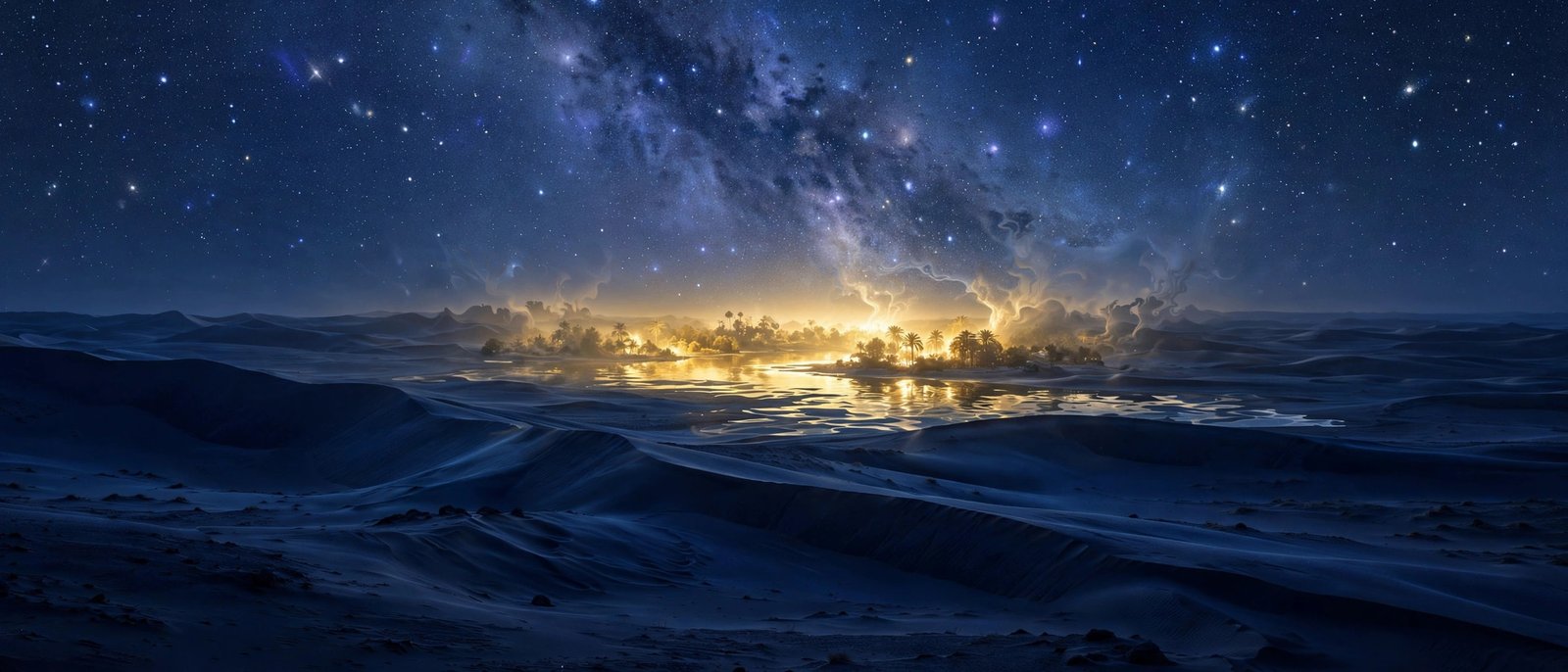 Shimmering golden mirage oasis dissolving on dark desert dunes at night
