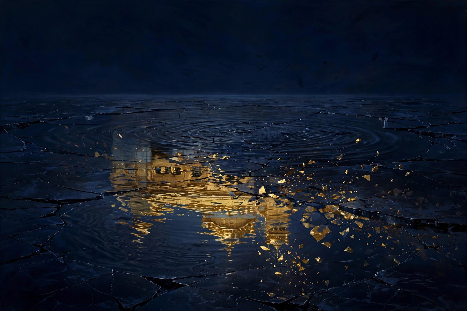 Dark mirror lake reflecting a dissolving golden mirage
