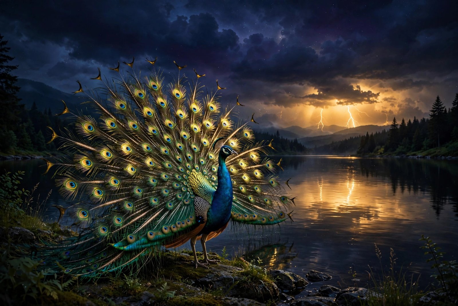 Peacock with fanned iridescent tail dancing by a dark lake under starlit sky