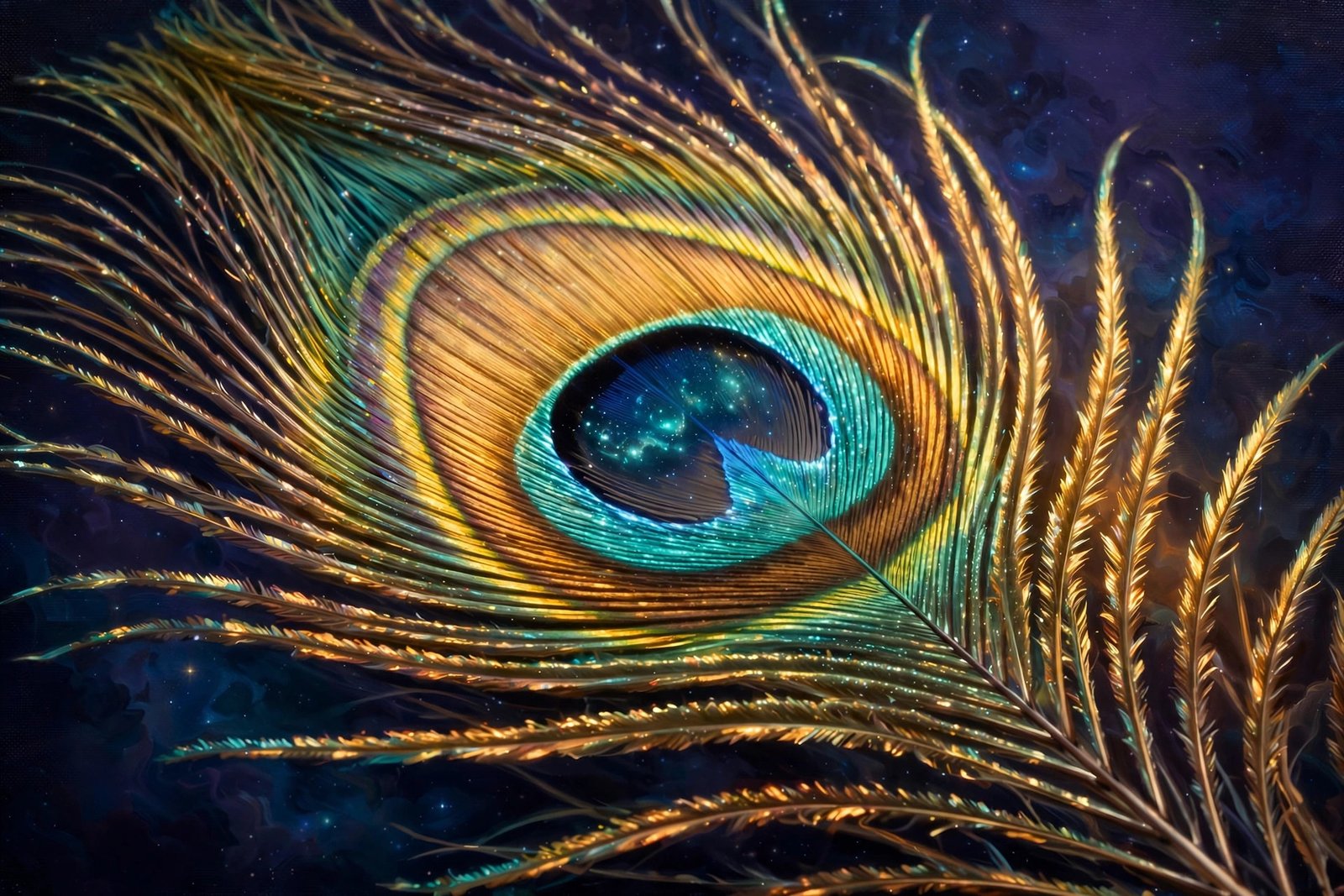 Macro of a peacock feather eye shimmering with golden light