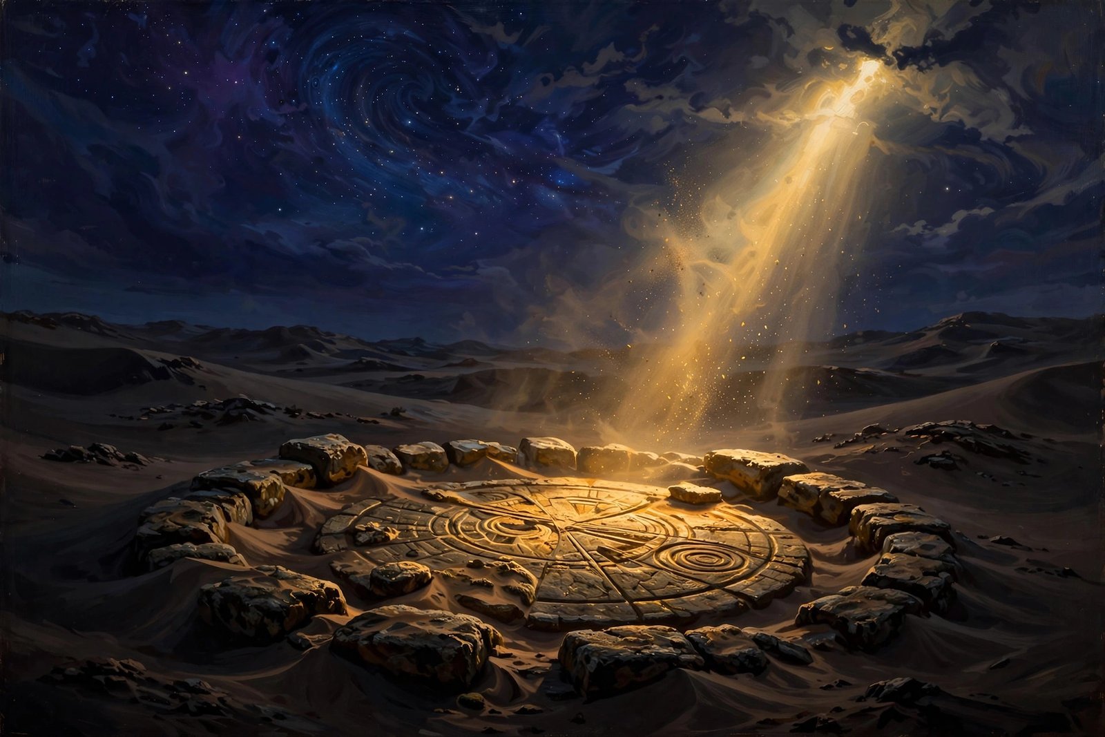 Ancient stone sundial half-buried in night desert, golden beam marking the hour