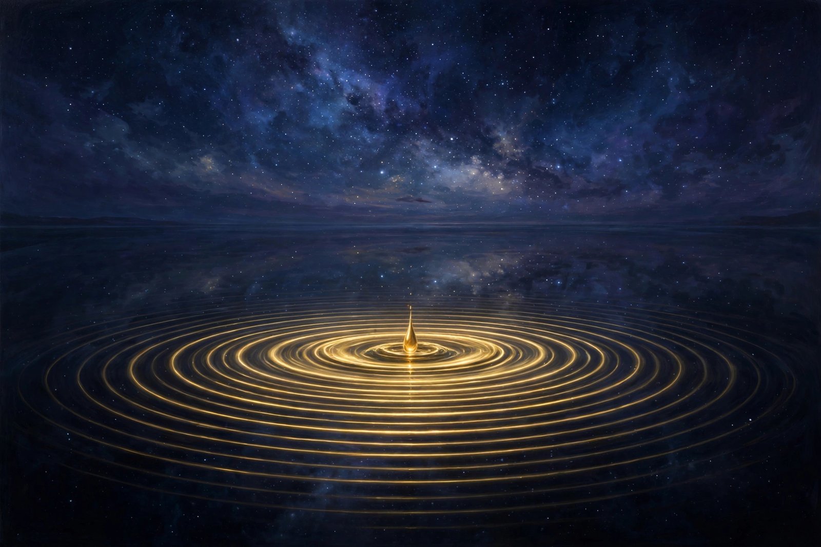 Golden drop falling into a still black ocean, concentric gold ripples under a starry void