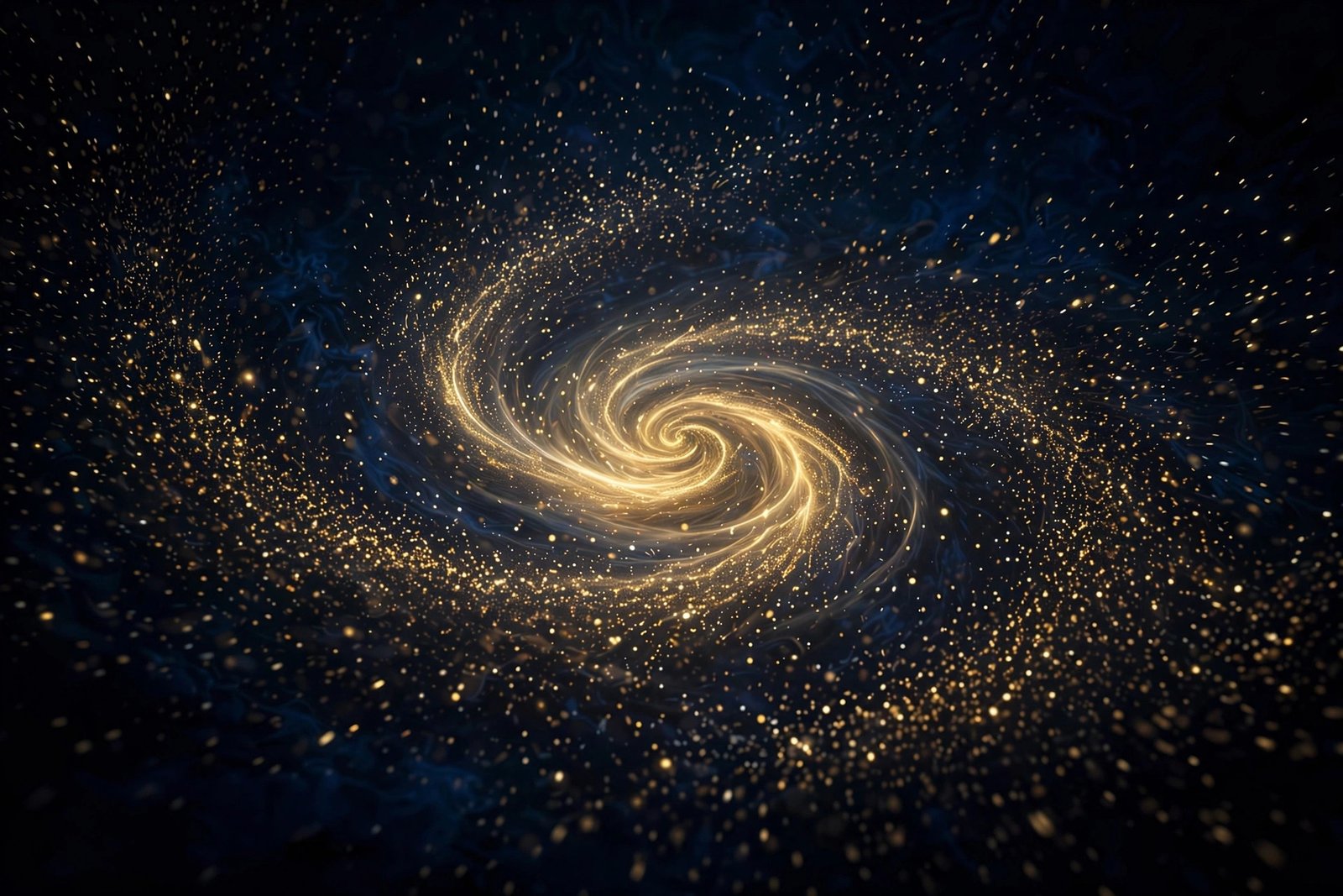 Infinite field of golden particles spiraling into a gold nebula in the void