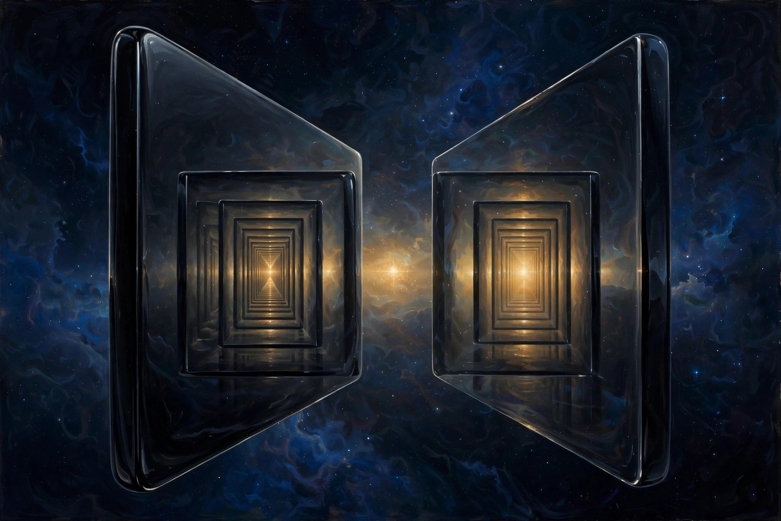 Two dark mirrors facing each other, infinite reflections with a golden point of light
