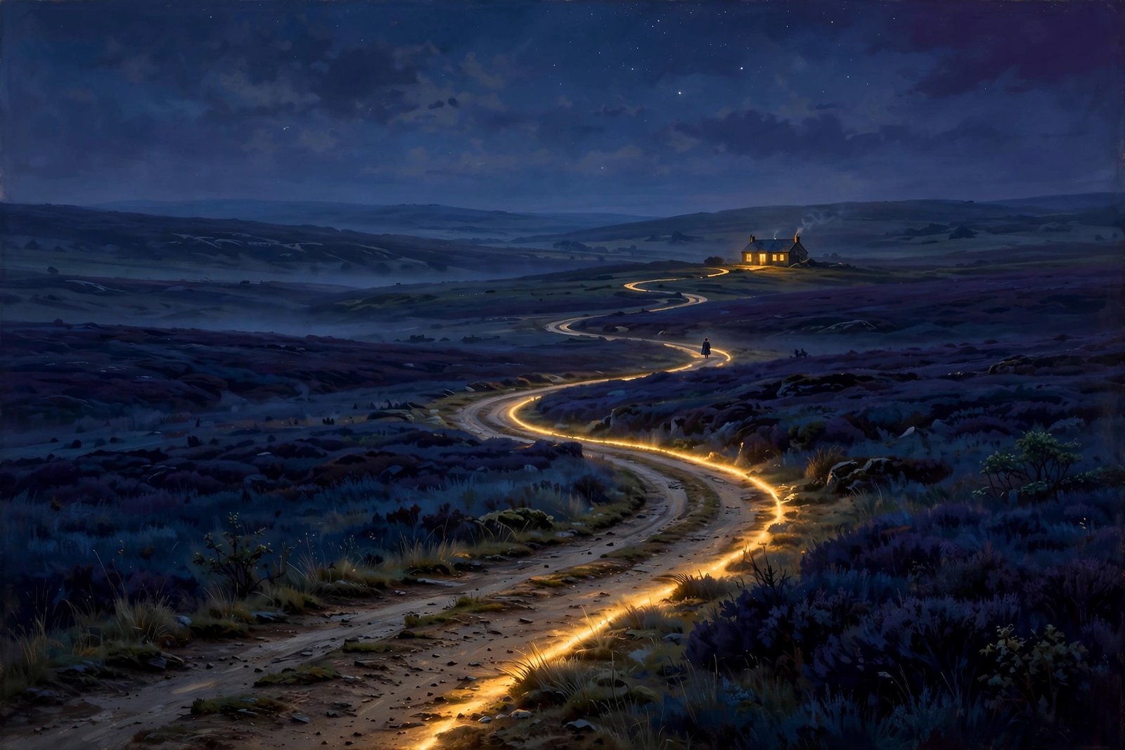 Long road at dusk toward a glowing cottage, lone figure walking