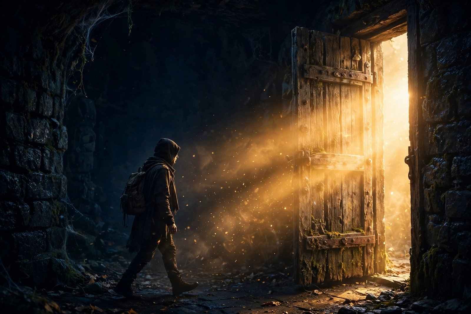 Weathered door opening, flood of golden light, traveler stepping in