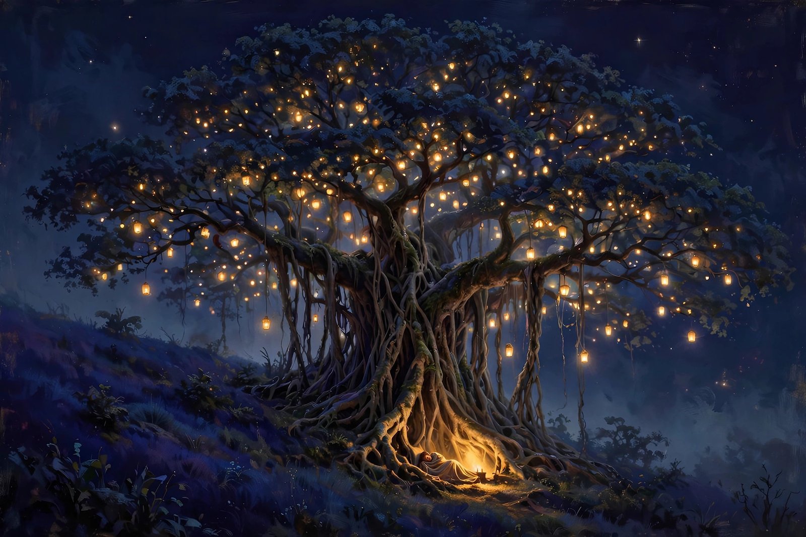 Ancient banyan tree draped in golden lanterns at night