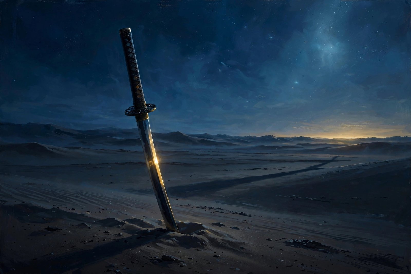 Single katana planted in moonlit desert sand, blade catching gold rim light