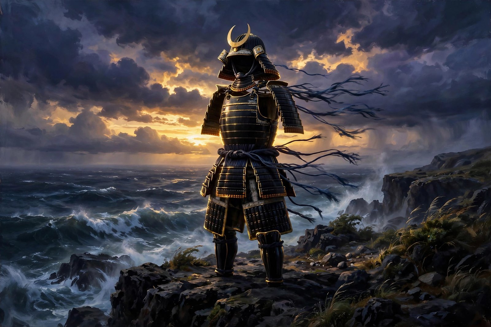 Empty samurai armor on a cliff at dusk, burning golden sky, stormy sea below