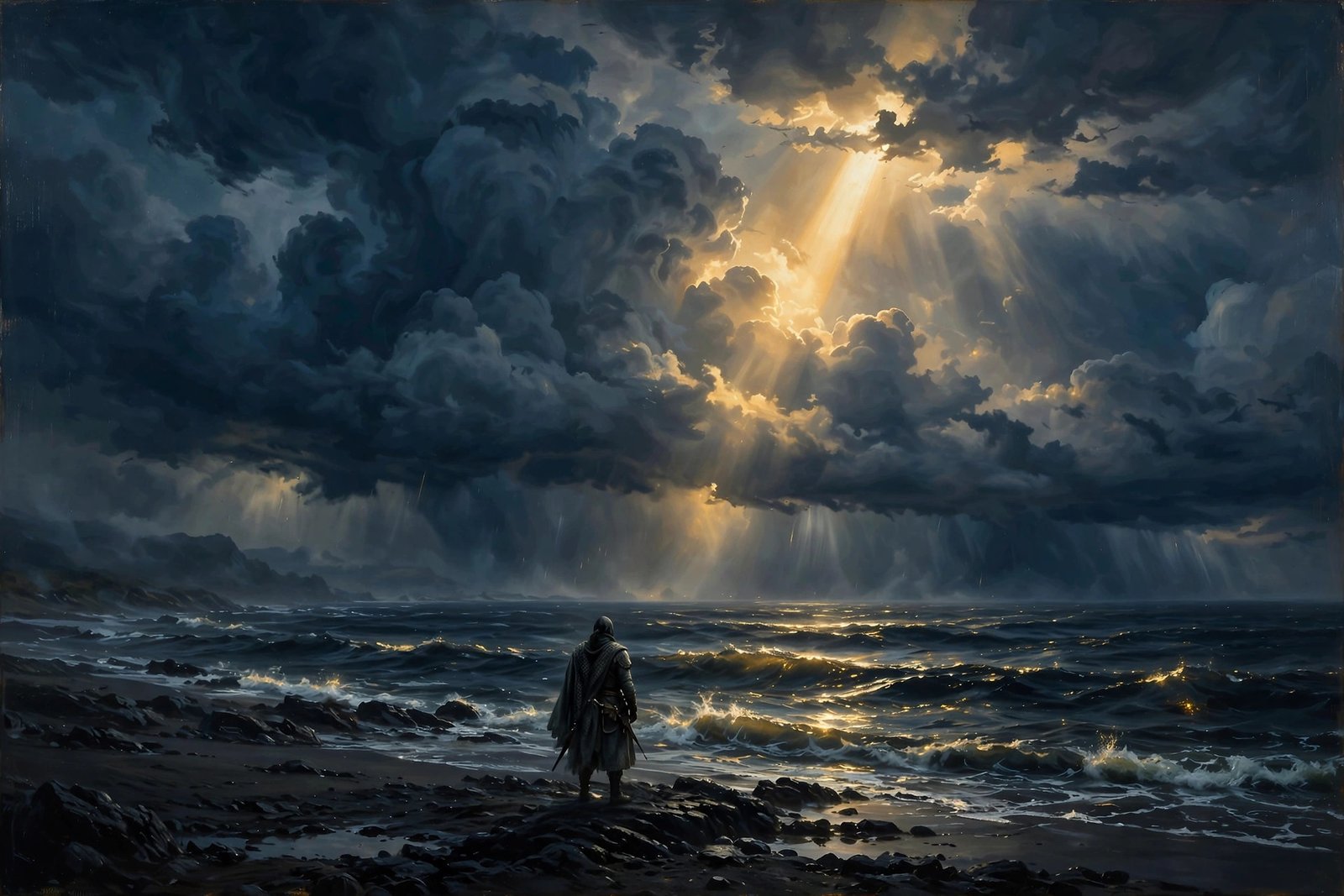 Lone warrior from behind facing a towering storm split by golden light