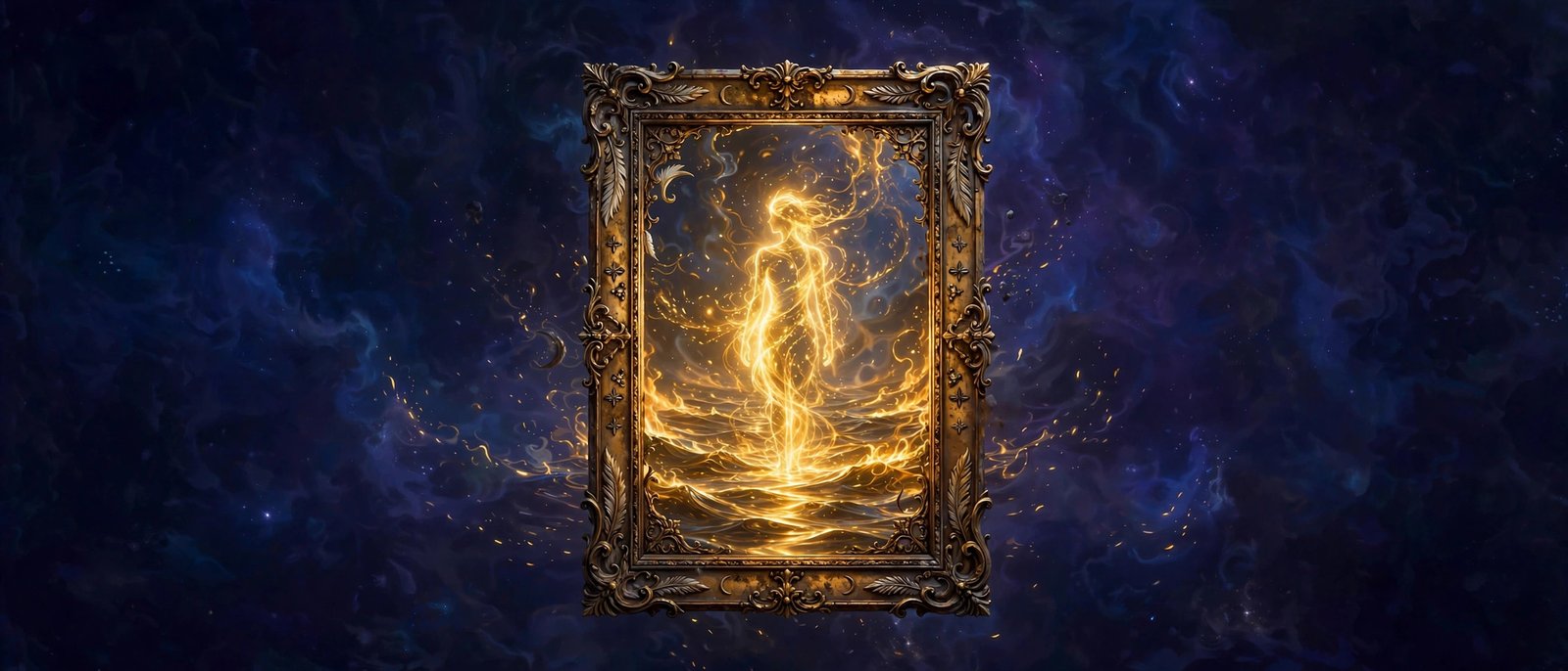 Mirror in the void reflecting a silhouette of golden light