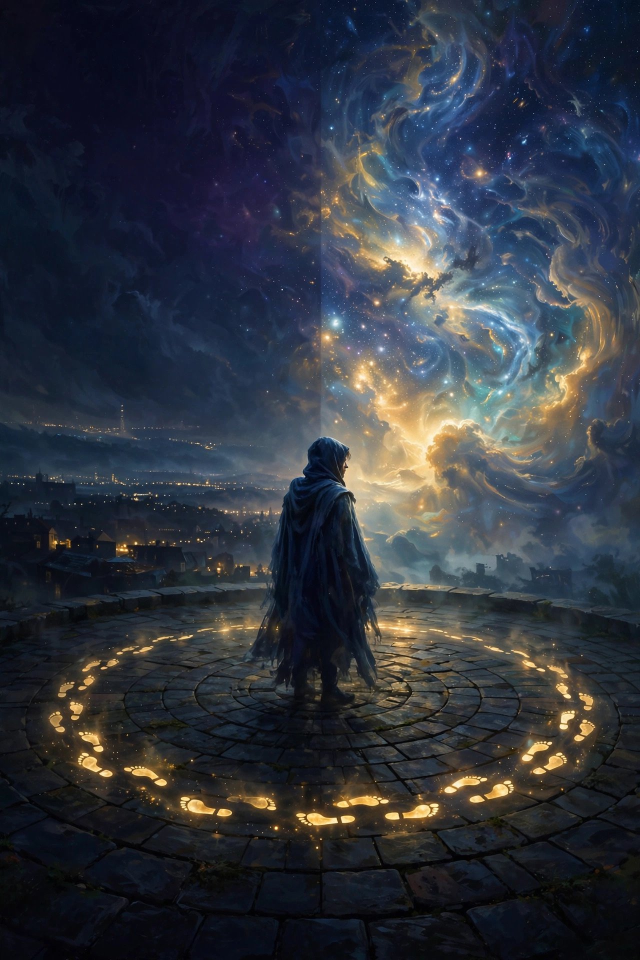 Figure turning in a circle of golden footprints