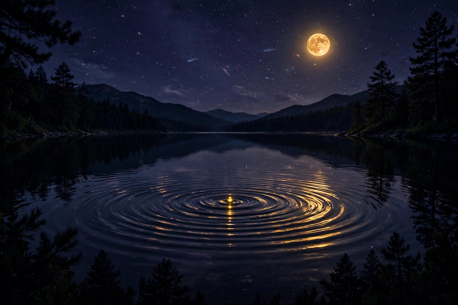 Still night lake reflecting stars and a golden moon