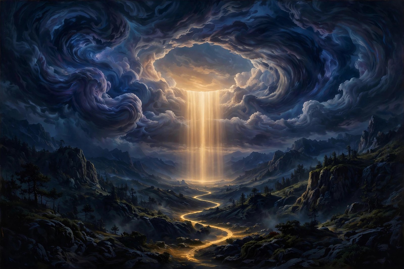 Violent indigo cosmic storm parting into a calm gold-lit circle with a glowing path