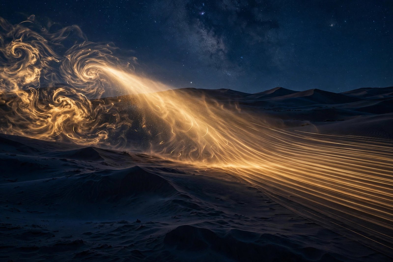 Desert dunes with windblown gold light trails calming into smooth parallel lines