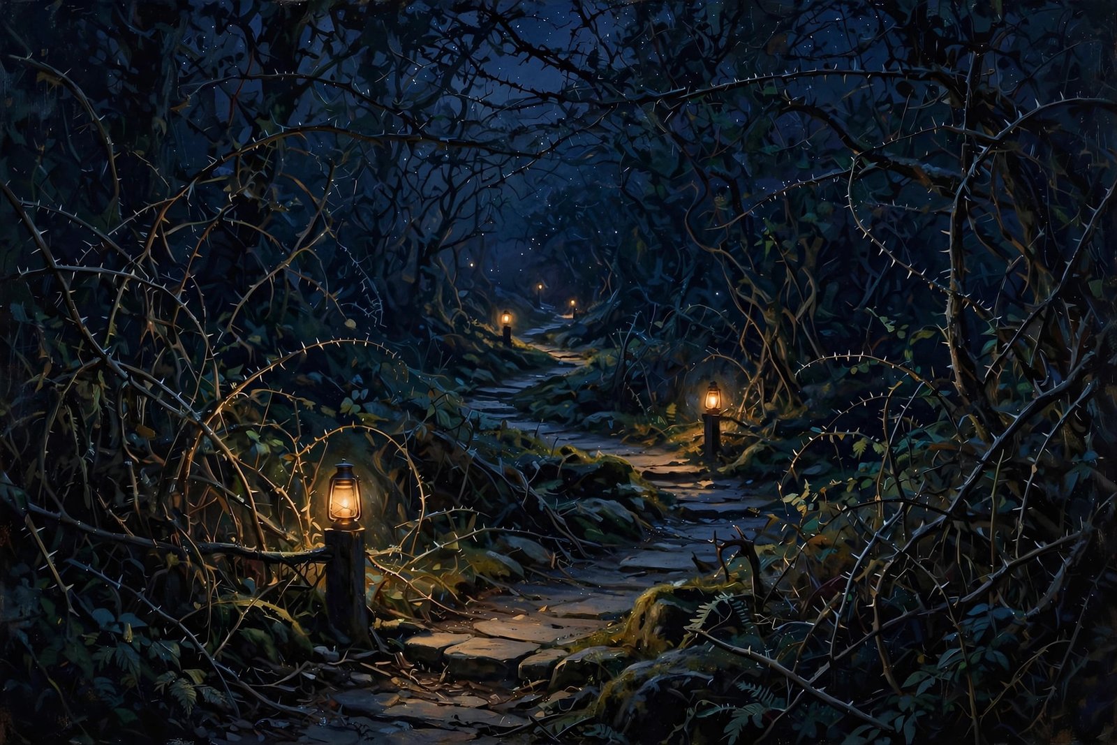 Narrow stone footpath through dark thorn forest lit by golden lanterns