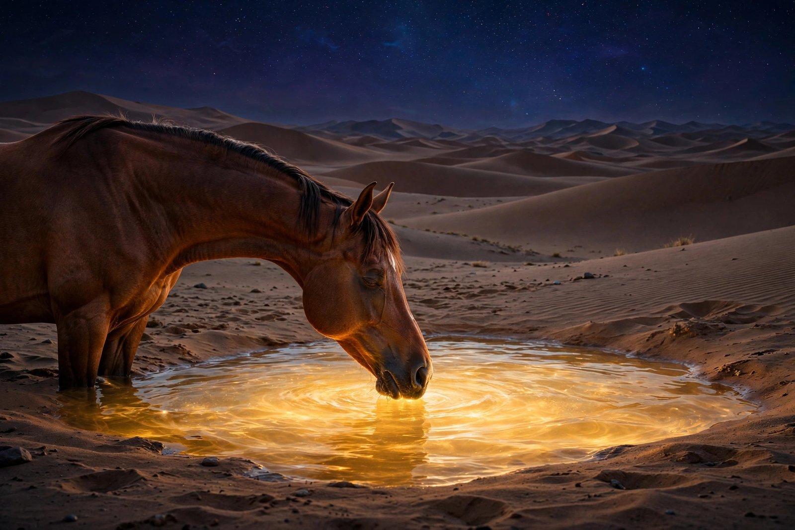 Horse drinking from a luminous golden pool in a night desert