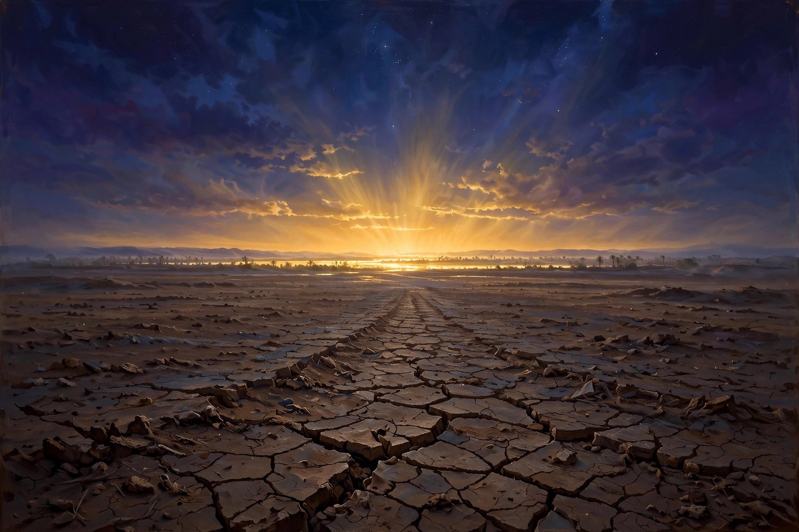 Vast desert horizon at golden dusk, oasis light shimmering far off