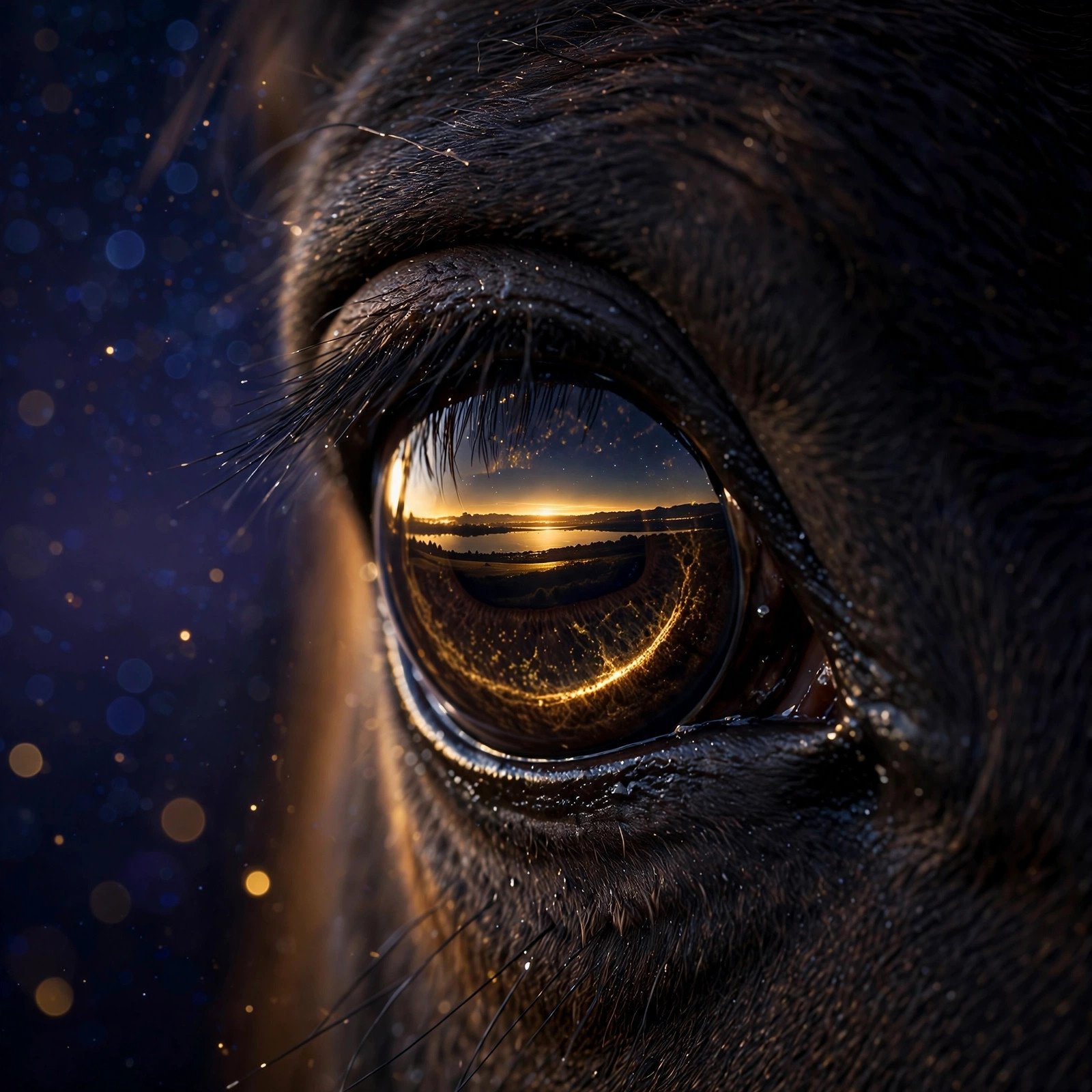 Close detail of a horse eye reflecting a golden horizon line