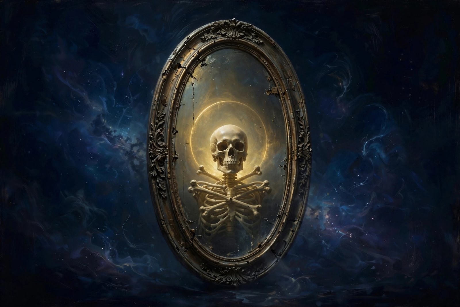 Ancient oval mirror reflecting a golden-haloed skull in the void