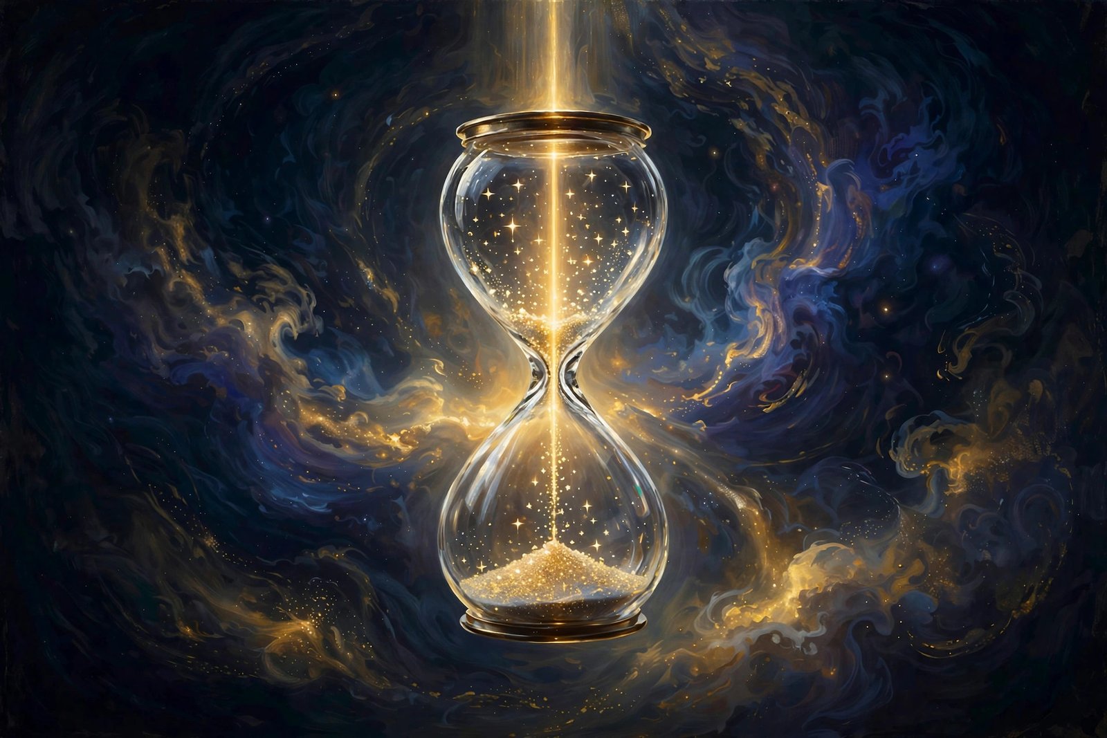 Glass hourglass with sand falling as golden stars, indigo nebula behind