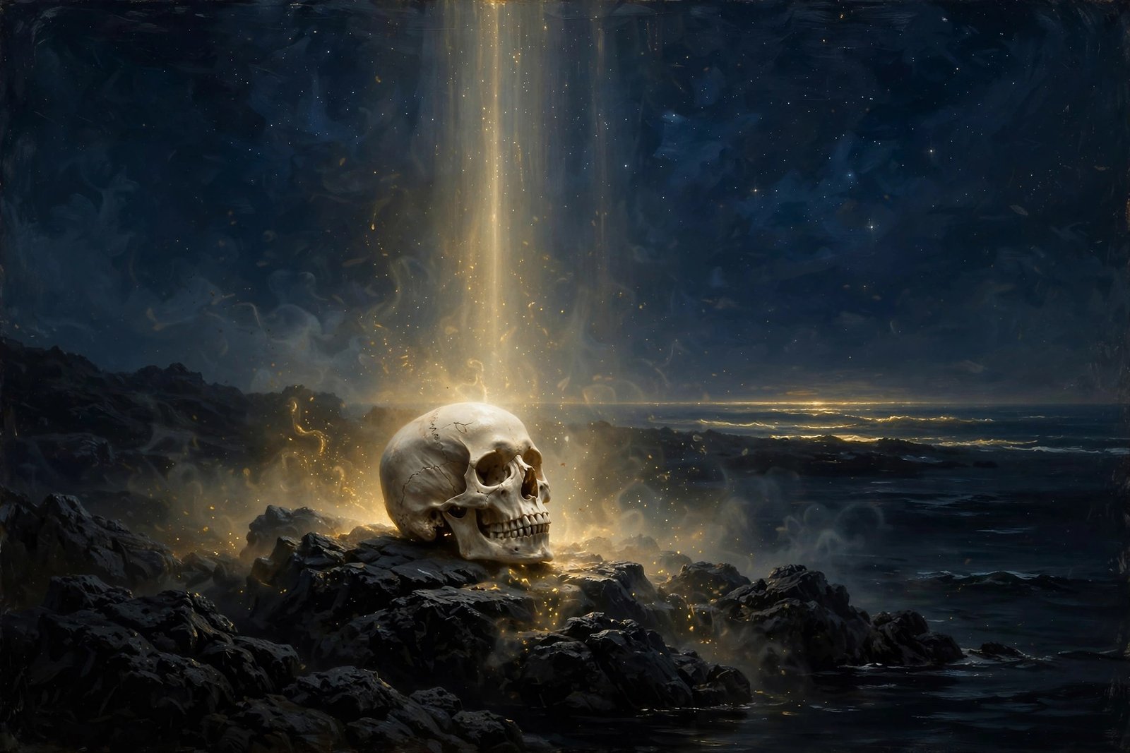 Ivory skull on volcanic stone at a black ocean edge, beam of gold light from above