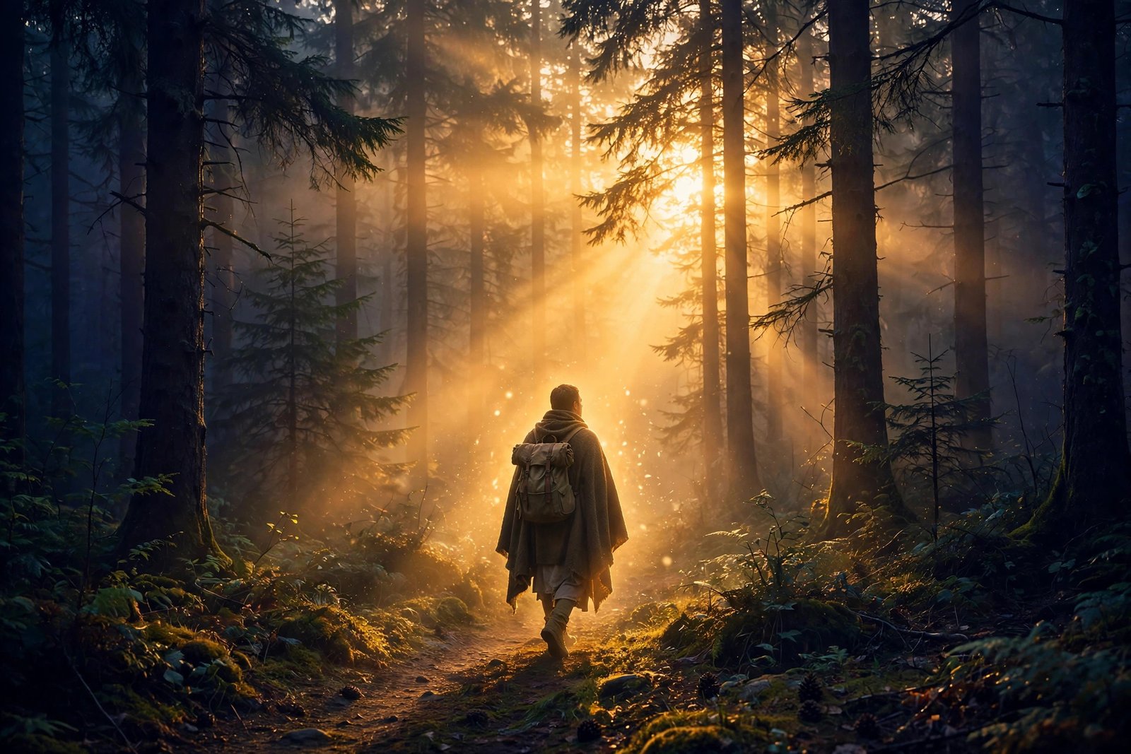 Lone walker on a forest path in radiant sunrise shafts