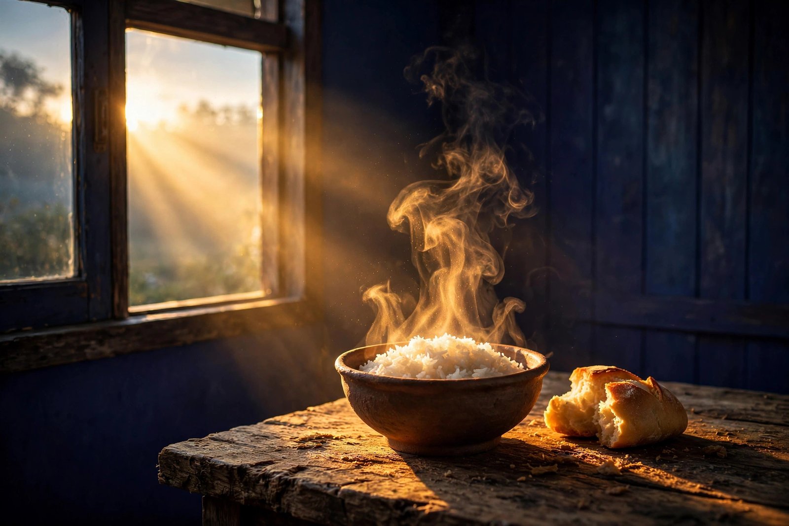 Simple meal on a wooden table, dawn light through steam
