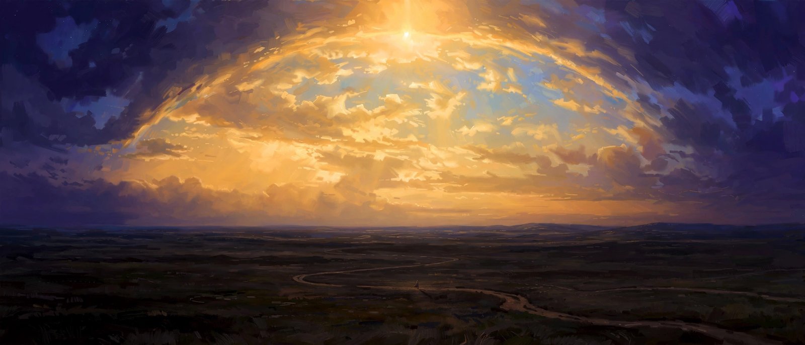 Sky arc from dawn to dusk over a plain, tiny figure on the path